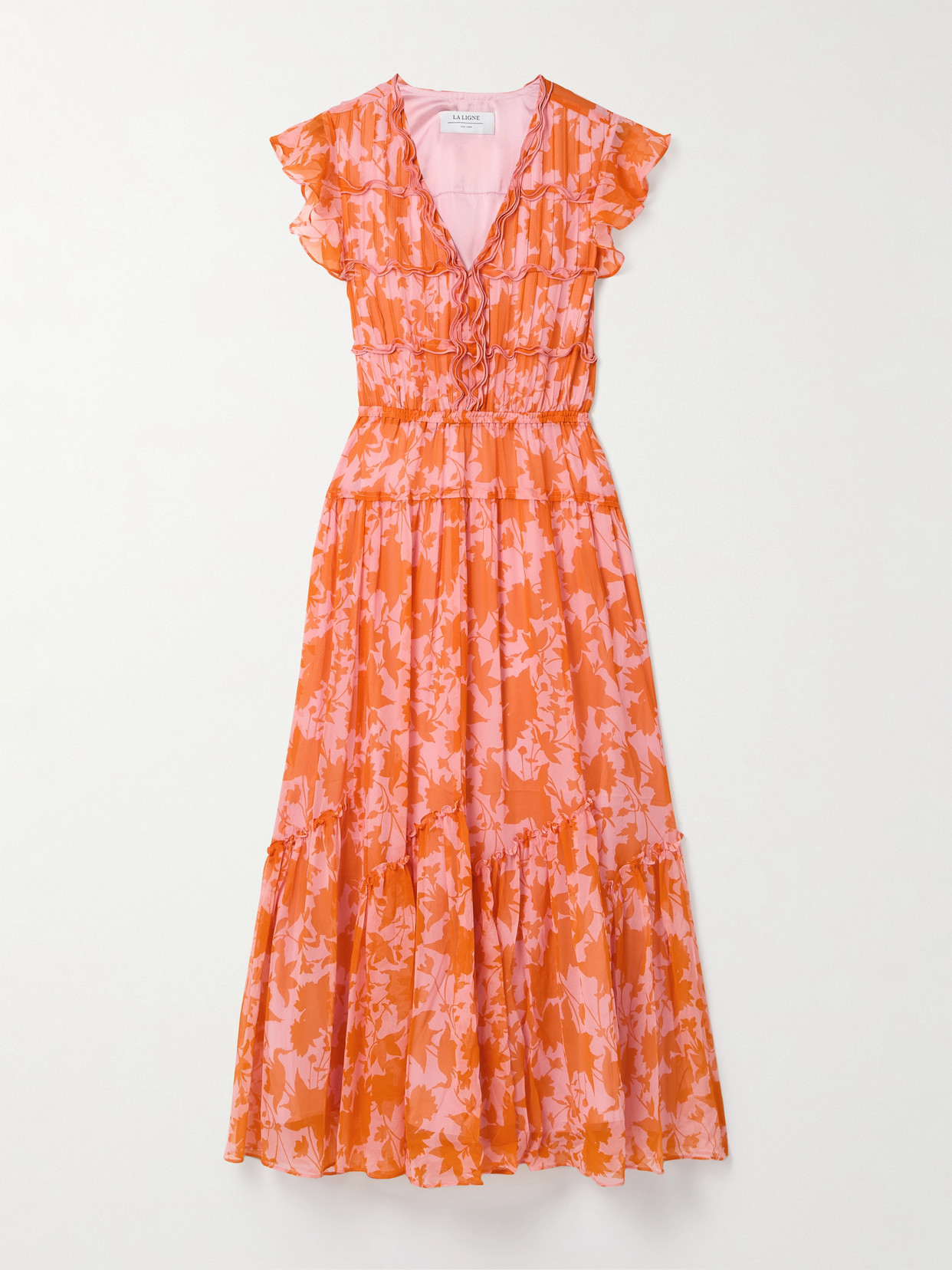 La Ligne Olympia Pintucked Ruffled Floral-print Silk-chiffon Midi Dress