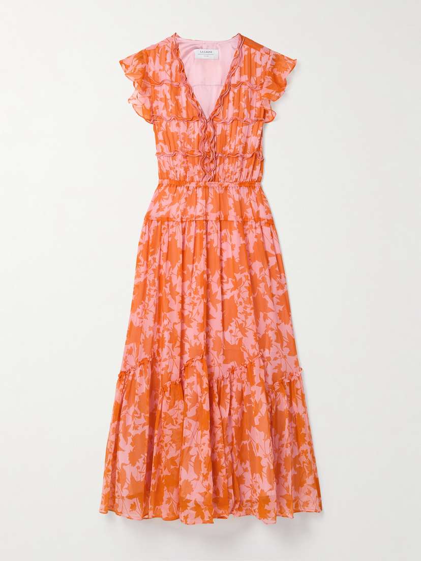 La Ligne Olympia Pintucked Ruffled Floral-print Silk-chiffon Midi Dress