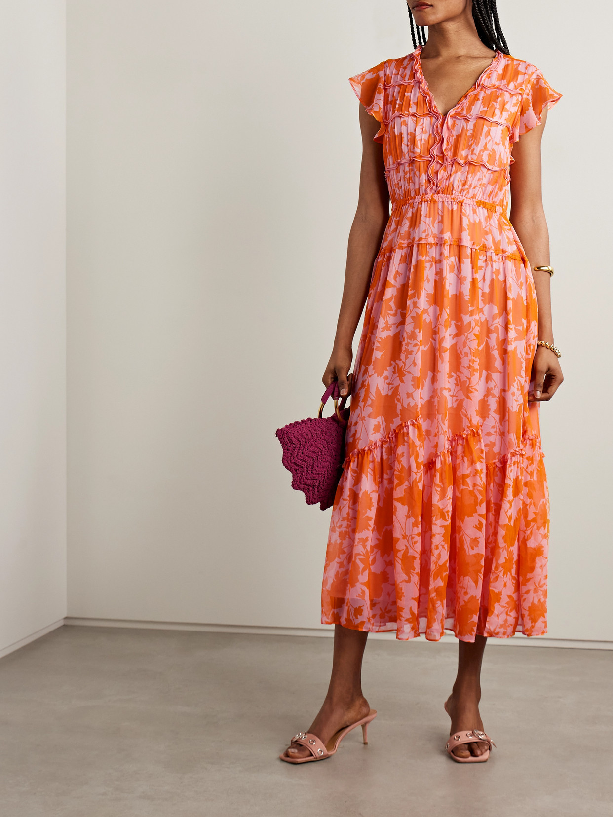 La Ligne Olympia Pintucked Ruffled Floral-print Silk-chiffon Midi Dress In Orange