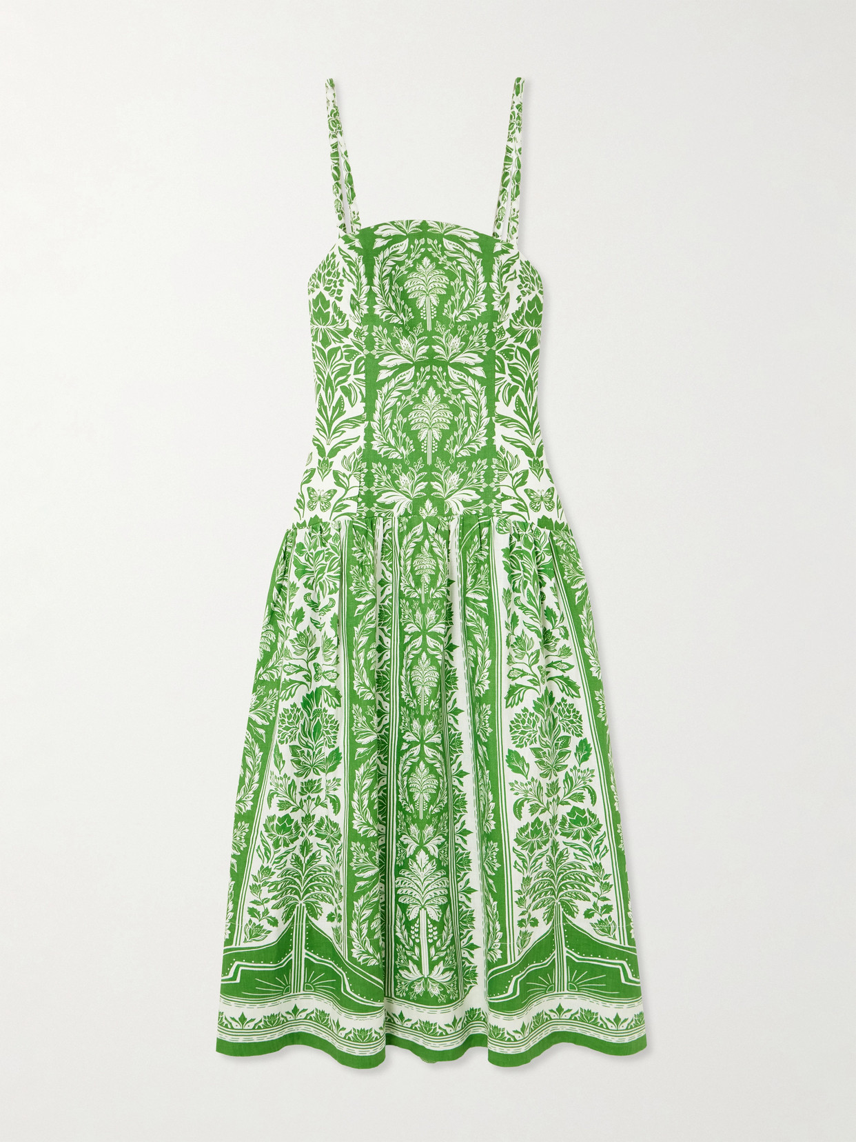Farm Rio Printed Gathered Linen Maxi Dress In Green