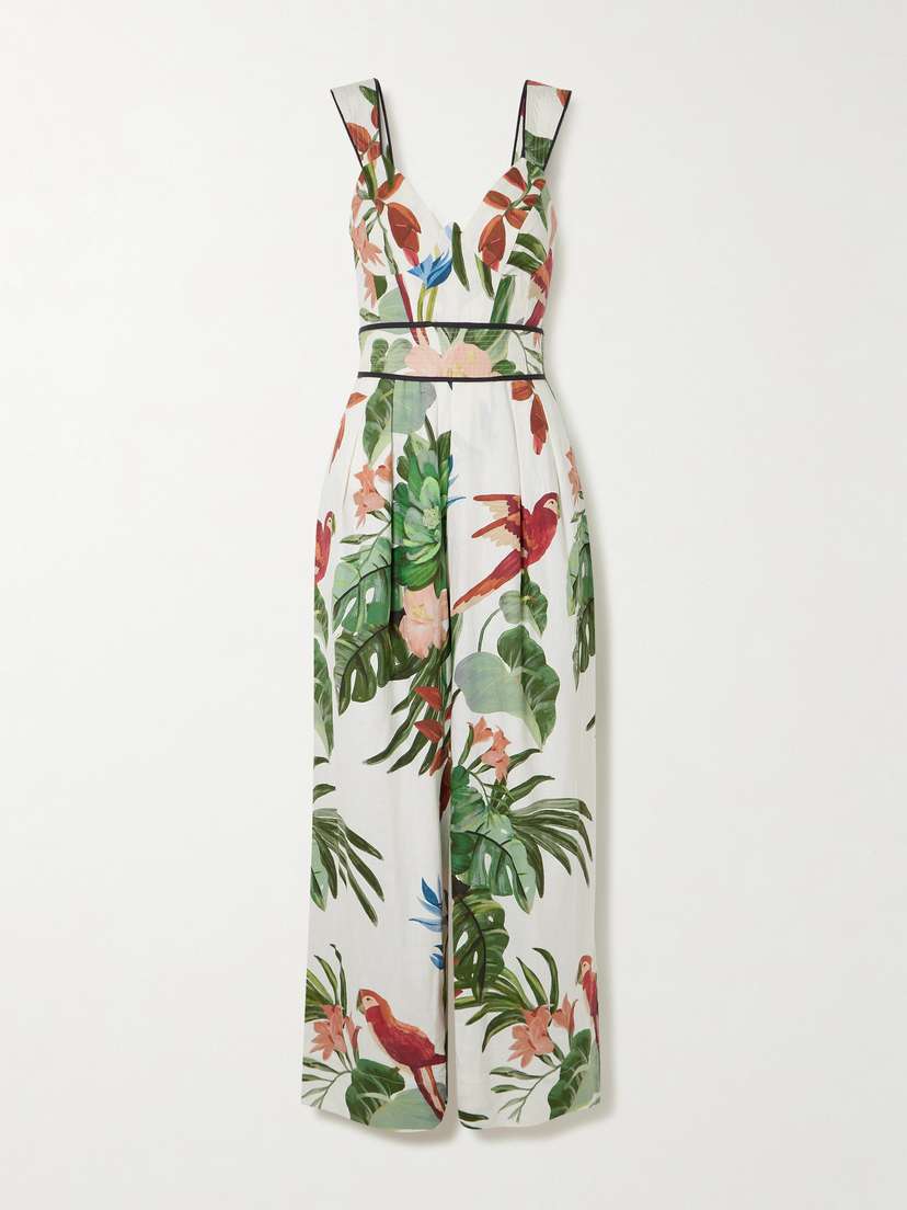 Farm Rio Midnight Macaw Fiesta Printed Linen-blend Jumpsuit