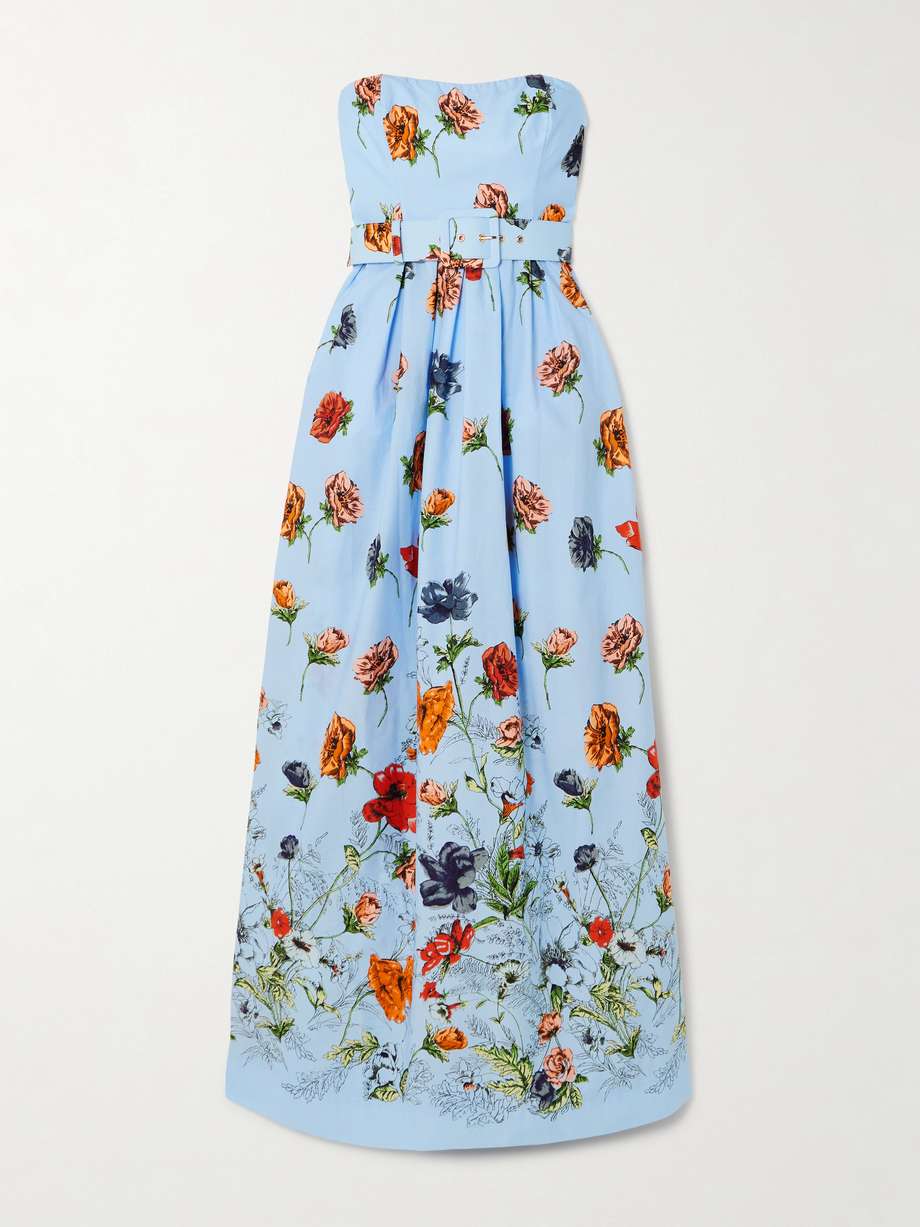 greenfield belted strapless smocked floral-print cotton-poplin maxi dress