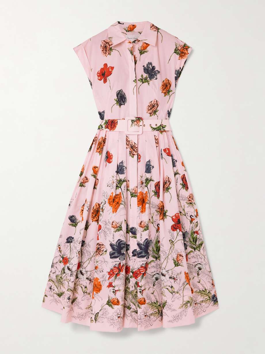 octavia belted pleated floral-print cotton-poplin midi shirt dress