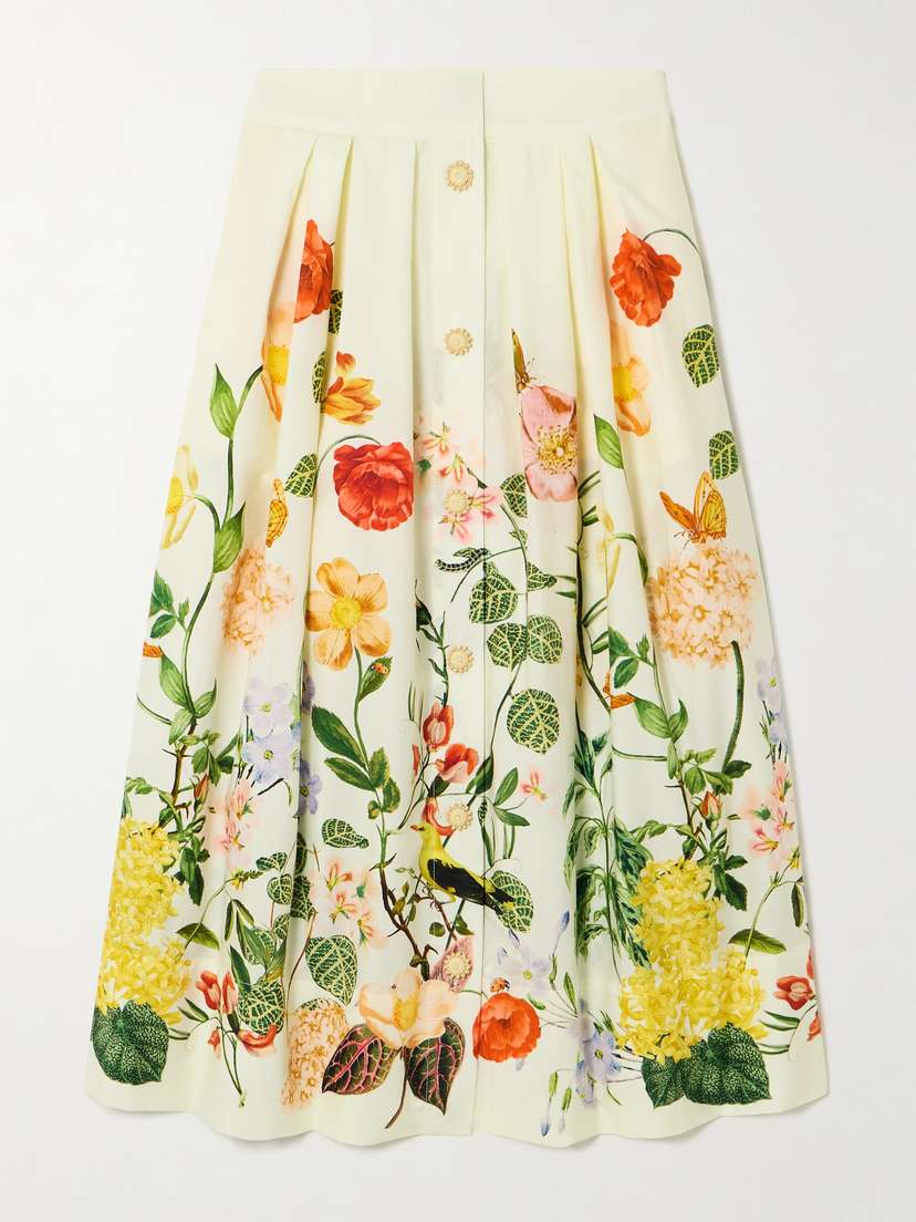 Cara Cara Marge Button-embellished Floral-print Pleated Cotton-poplin Midi Skirt