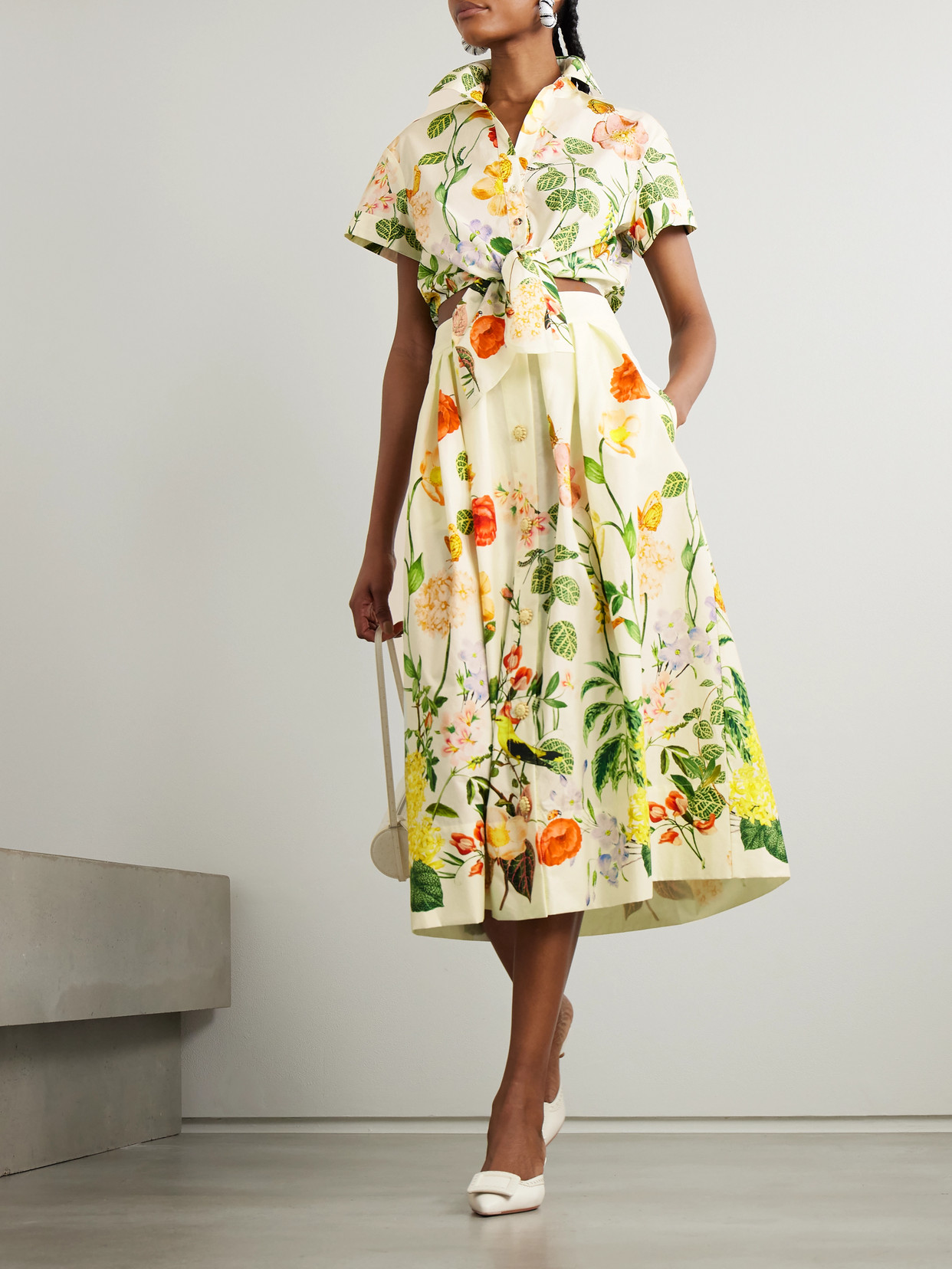Shop Cara Cara Marge Button-embellished Floral-print Pleated Cotton-poplin Midi Skirt In Cream