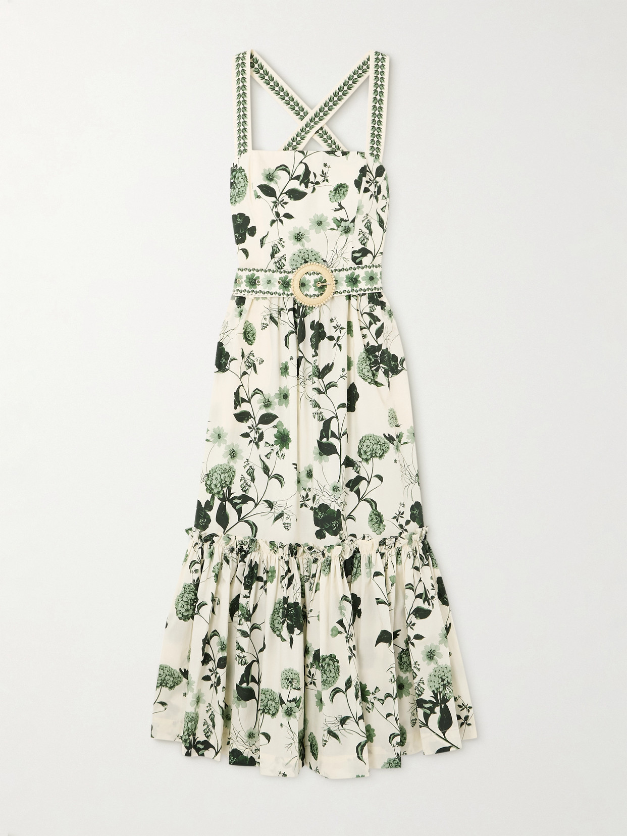 Cara Cara Julietta Belted Ruffled Floral-print Cotton-poplin Midi Dress In Cream