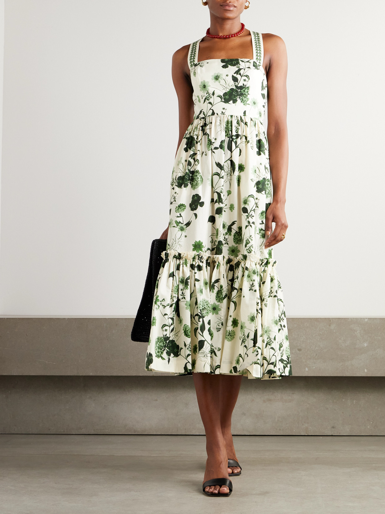 Cara Cara Julietta Belted Ruffled Floral-print Cotton-poplin Midi Dress In Cream