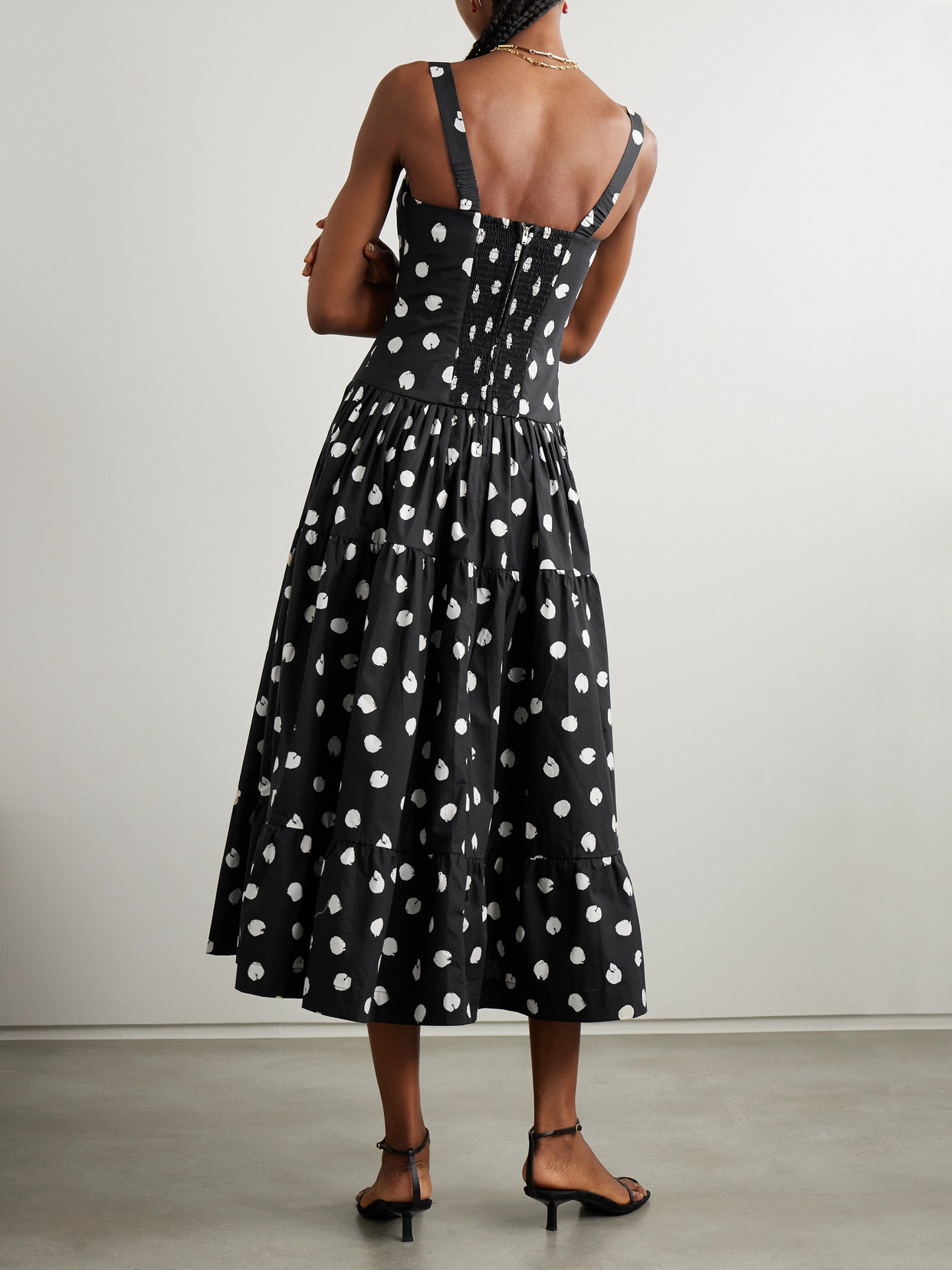 CARA CARA SANTIAGO SMOCKED TIERED POLKA-DOT COTTON-POPLIN MIDI DRESS