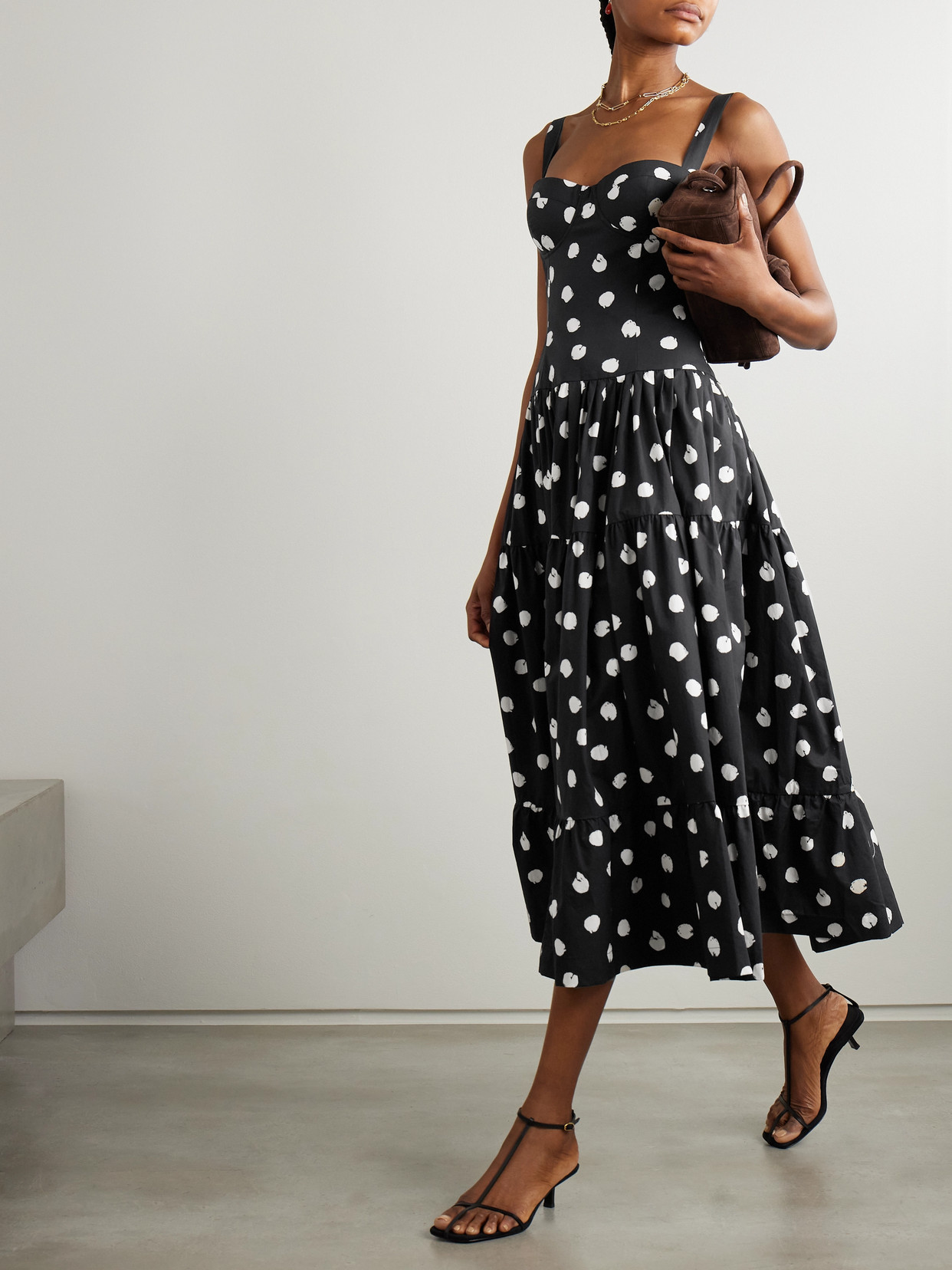 CARA CARA SANTIAGO SMOCKED TIERED POLKA-DOT COTTON-POPLIN MIDI DRESS