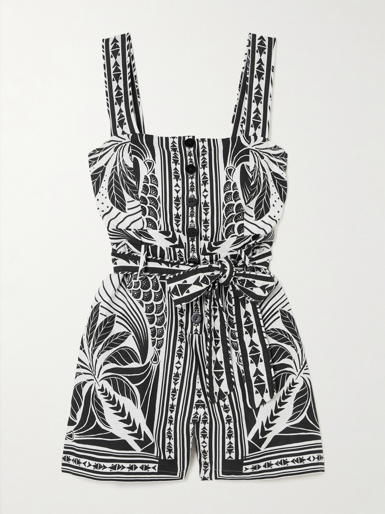 Farm Rio Monochrome Elegance Belted Shirred Printed Linen-blend Playsuit In Black