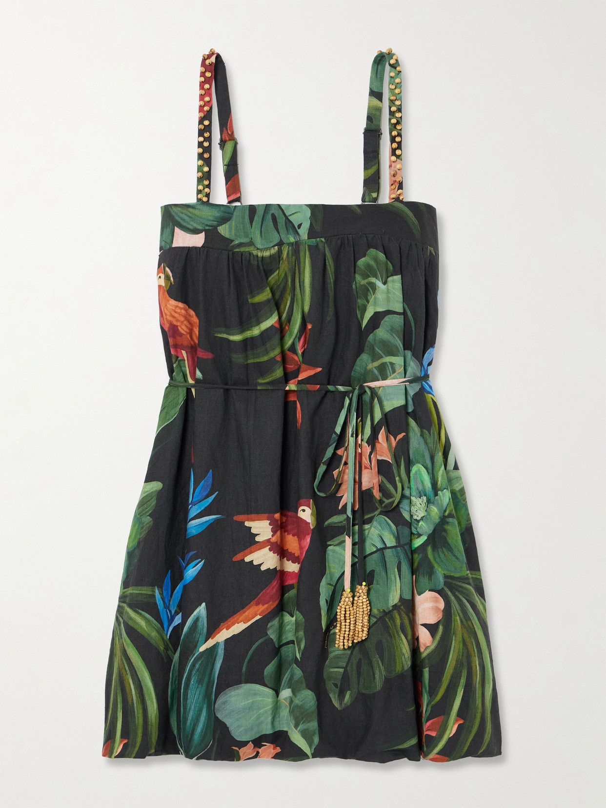Farm Rio - Midnight Macaw Fiesta Bead-embellished Floral-print Linen-blend Mini Dress - Green