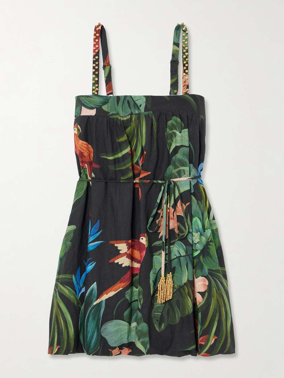 midnight macaw fiesta bead-embellished floral-print linen-blend mini dress