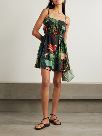 FARM Rio Midnight Macaw Fiesta bead-embellished floral-print linen-blend mini dress