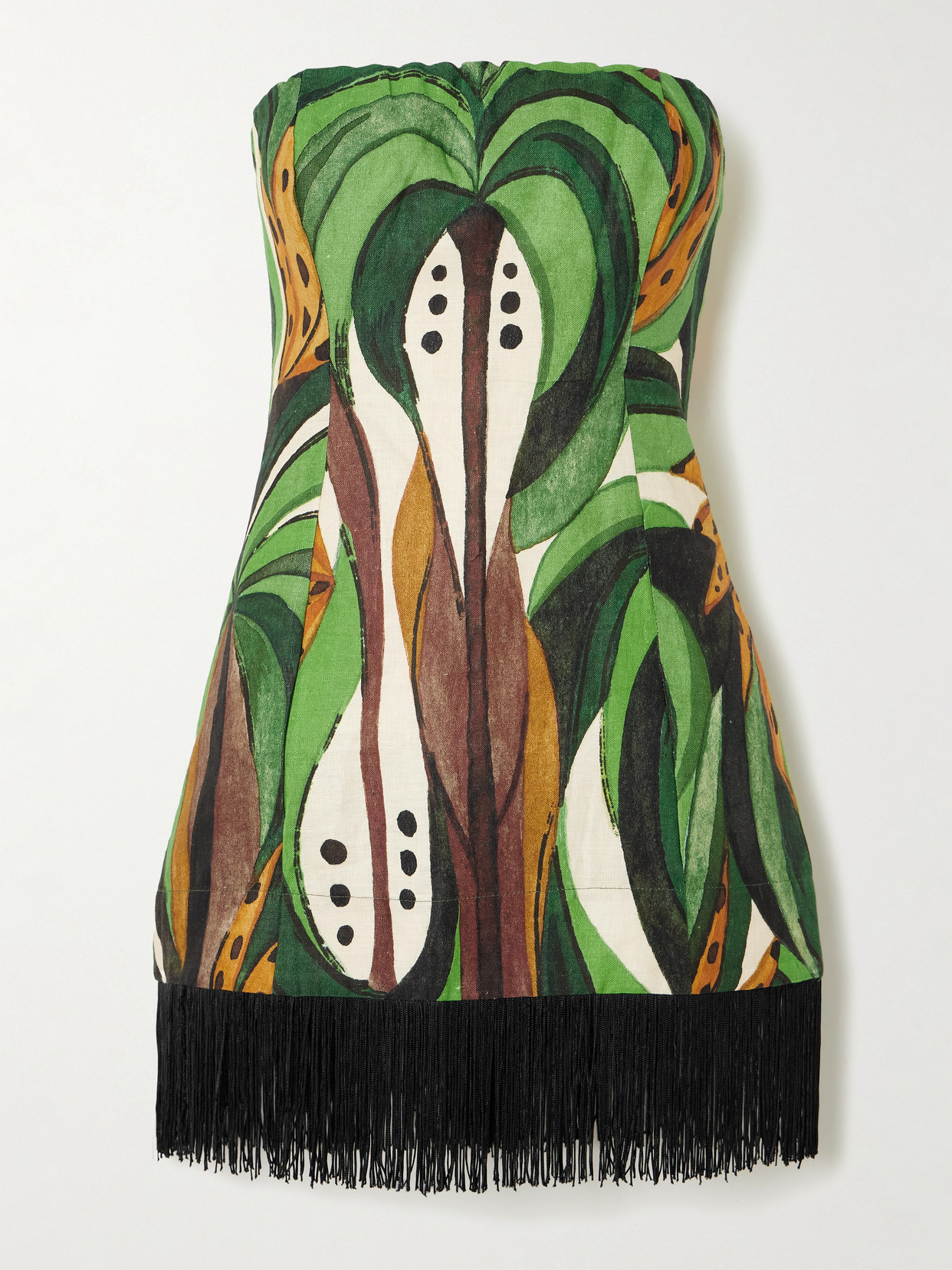 Farm Rio - Coconut Tree Flow Strapless Fringed Printed Linen Top - Green
