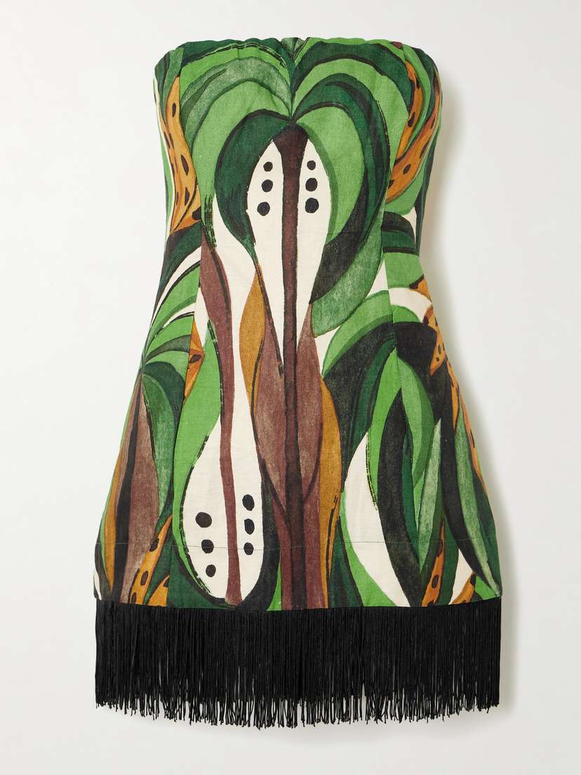 Farm Rio Coconut Tree Flow Strapless Fringed Printed Linen Top