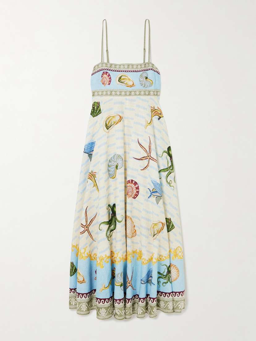 ALEMAIS + Sam Pauletto Bath House Printed Smocked Linen Midi Dress - UK 6