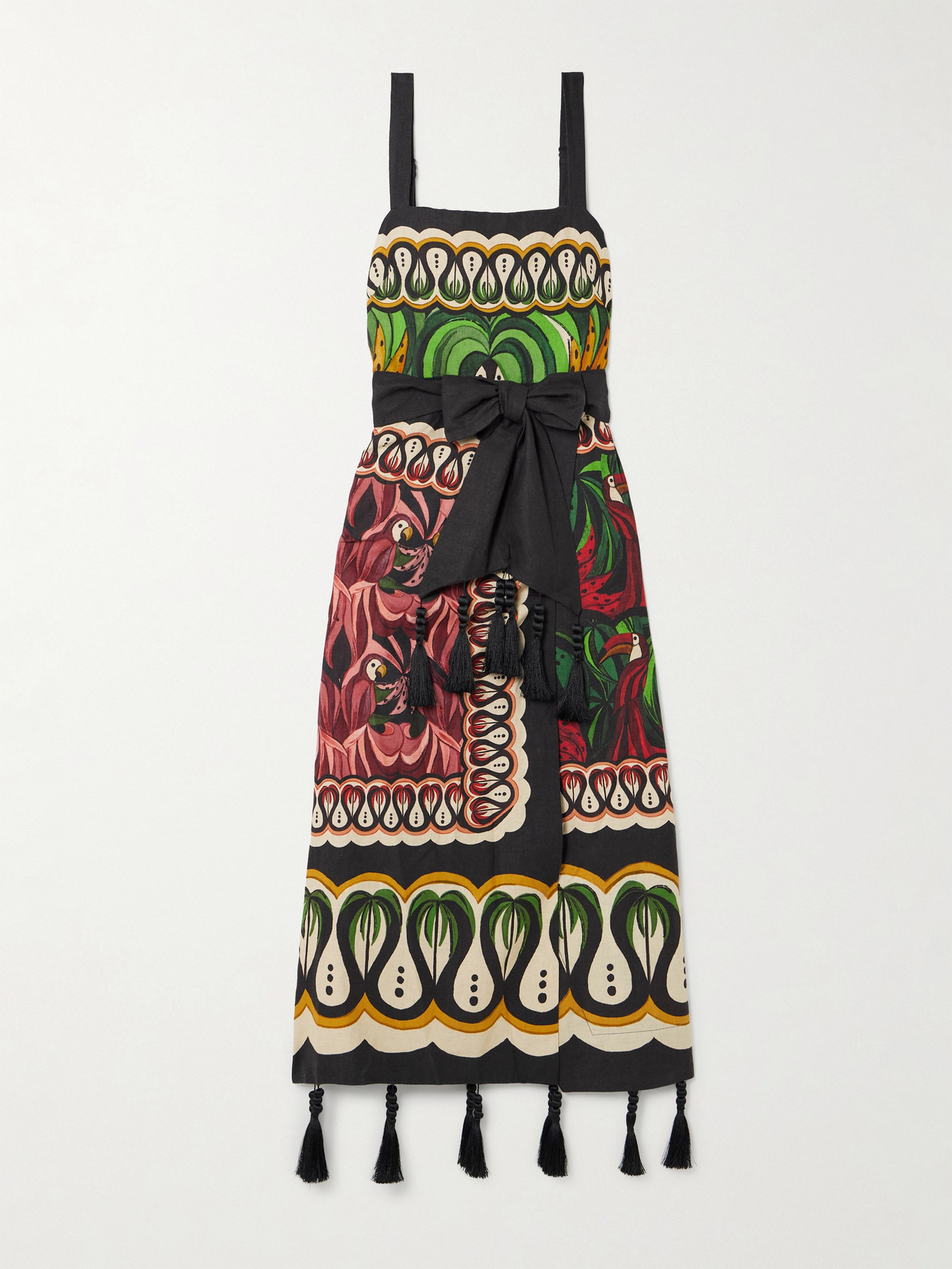 FARM RIO COCONUT TREE FLOW BELTED TASSELED LINEN-BLEND MIDI DRESS