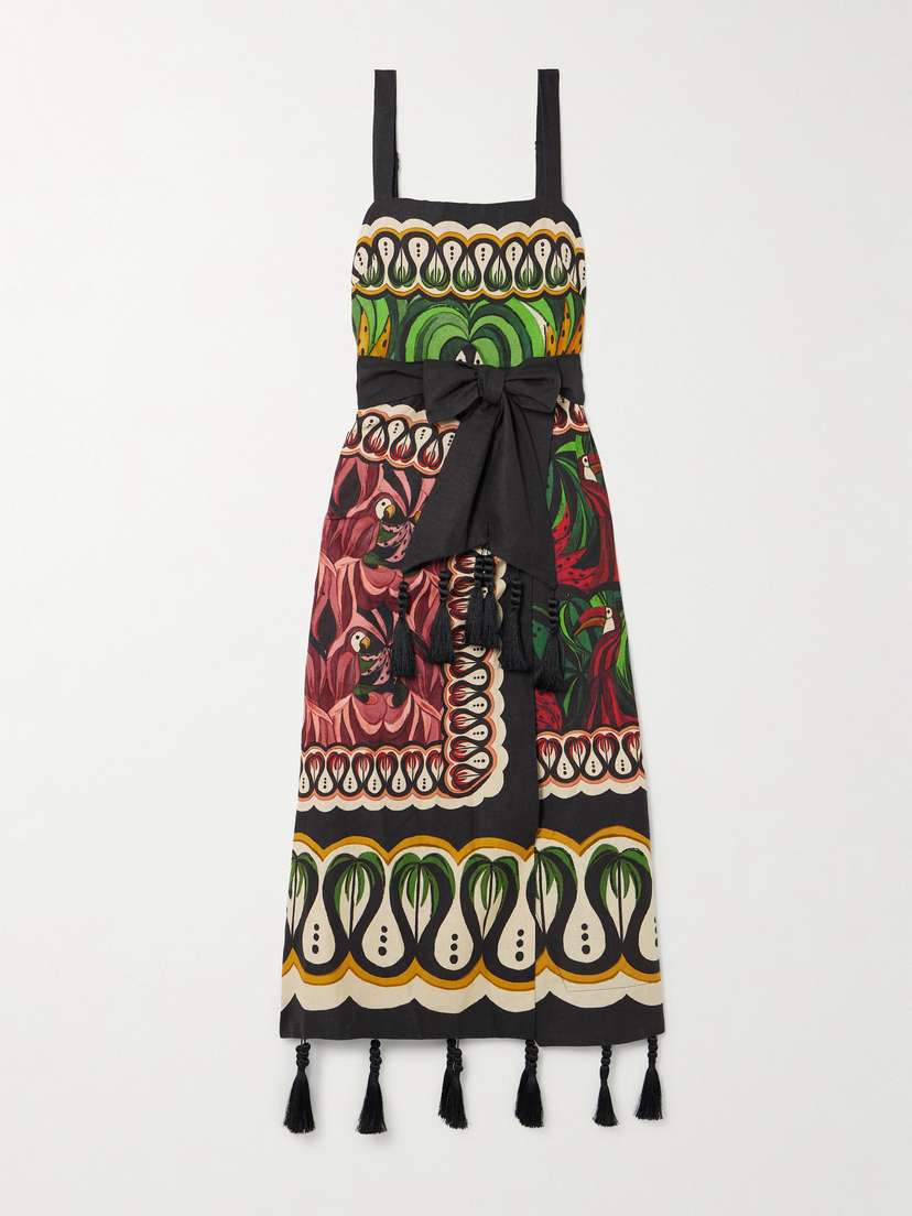 Farm Rio Coconut Tree Flow Belted Tasseled Linen-blend Midi Dress
