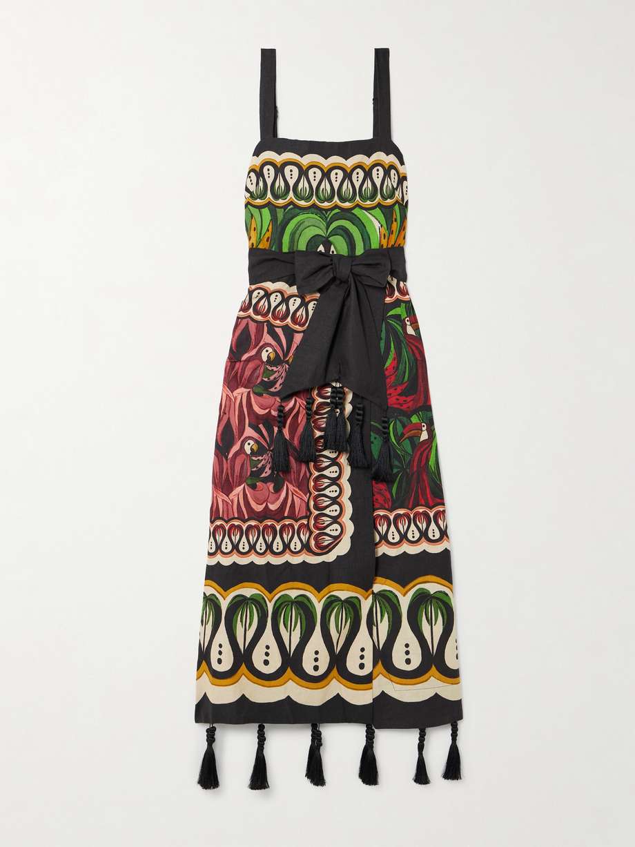 coconut tree flow belted tasseled linen-blend midi dress