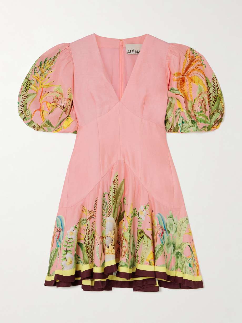 papaya printed linen-blend mini dress