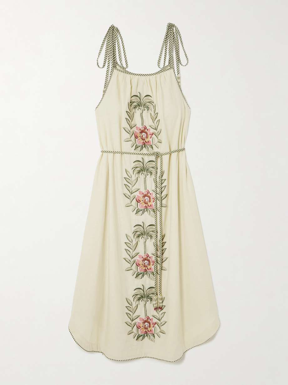 floral-embroidered linen-blend midi dress