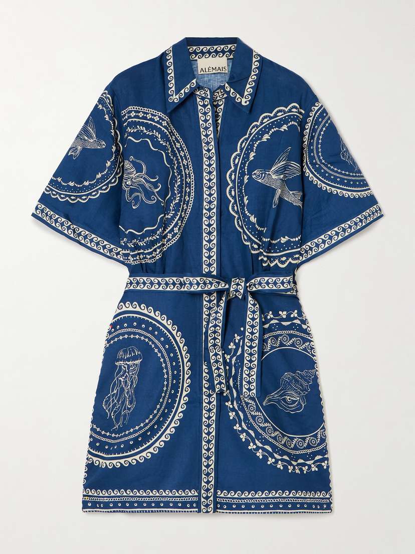 ALEMAIS Oceane Belted Printed Linen Mini Shirt Dress