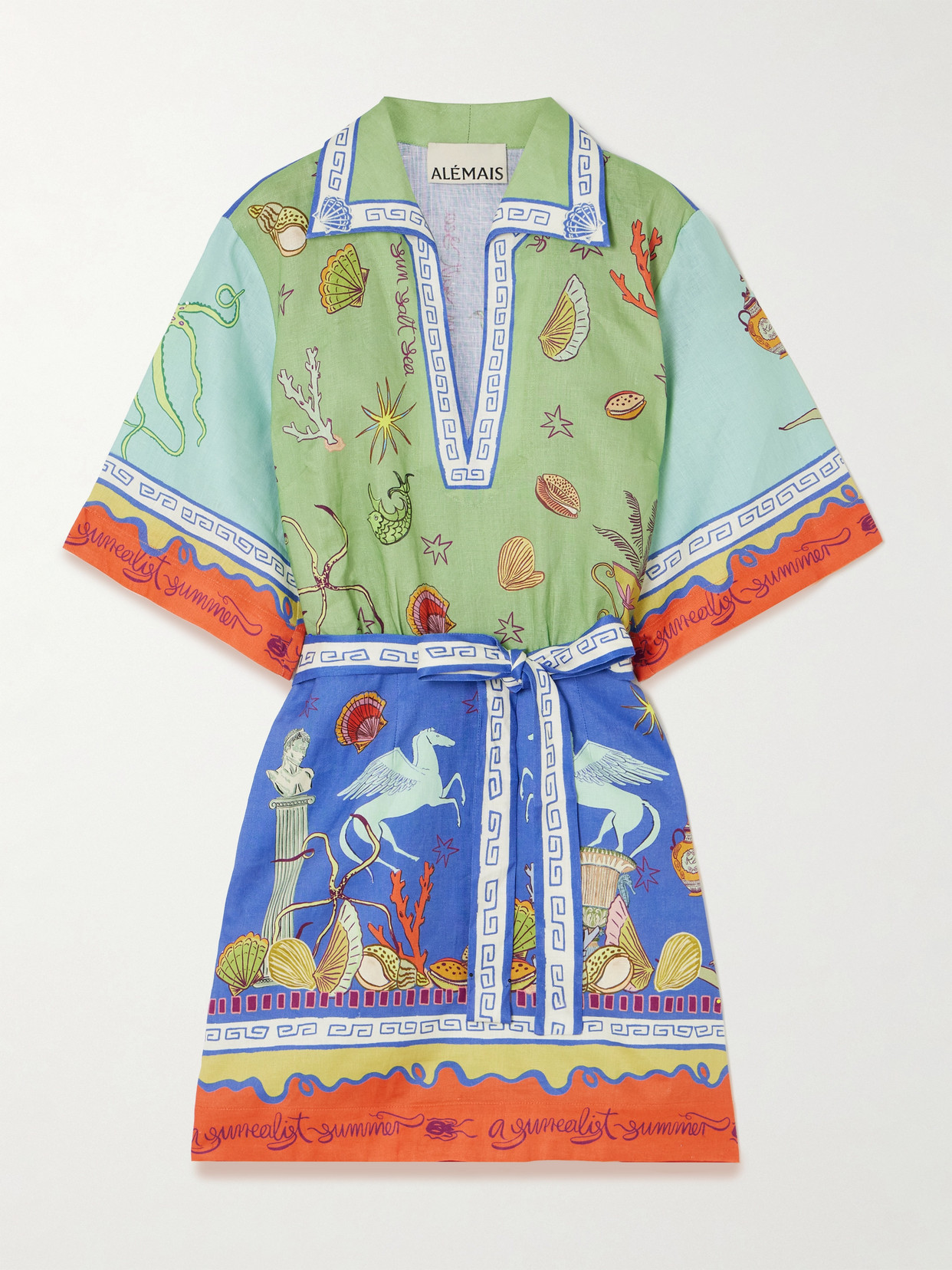 Alemais Surrealist Summer Short-sleeve Linen Mini Dress In Multi