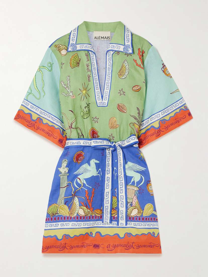 ALEMAIS + Sam Pauletto Surrealist Summer Belted Printed Linen Mini Dress