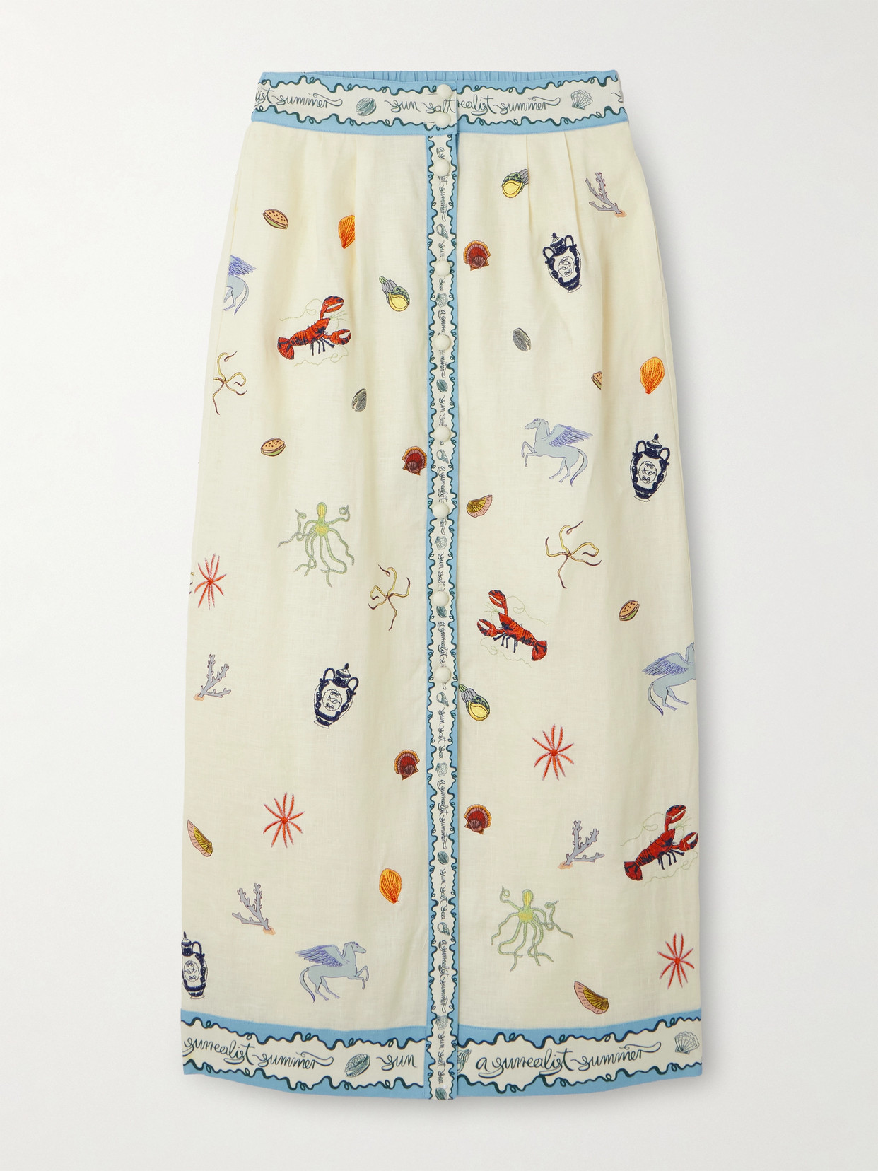 Shop Alemais Sandy Embroidered Printed Linen Midi Skirt In Ivory