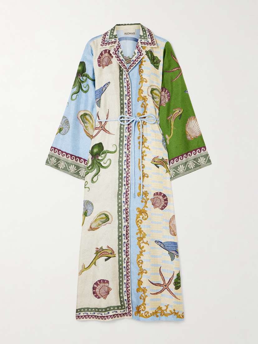 ALEMAIS + Sam Pauletto Bath House Belted Printed Silk-twill Midi Shirt Dress