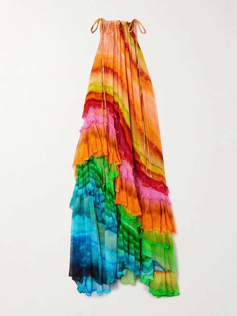 ALEMAIS Iris Embellished Ruffled Tie-dyed Crepon Maxi Dress
