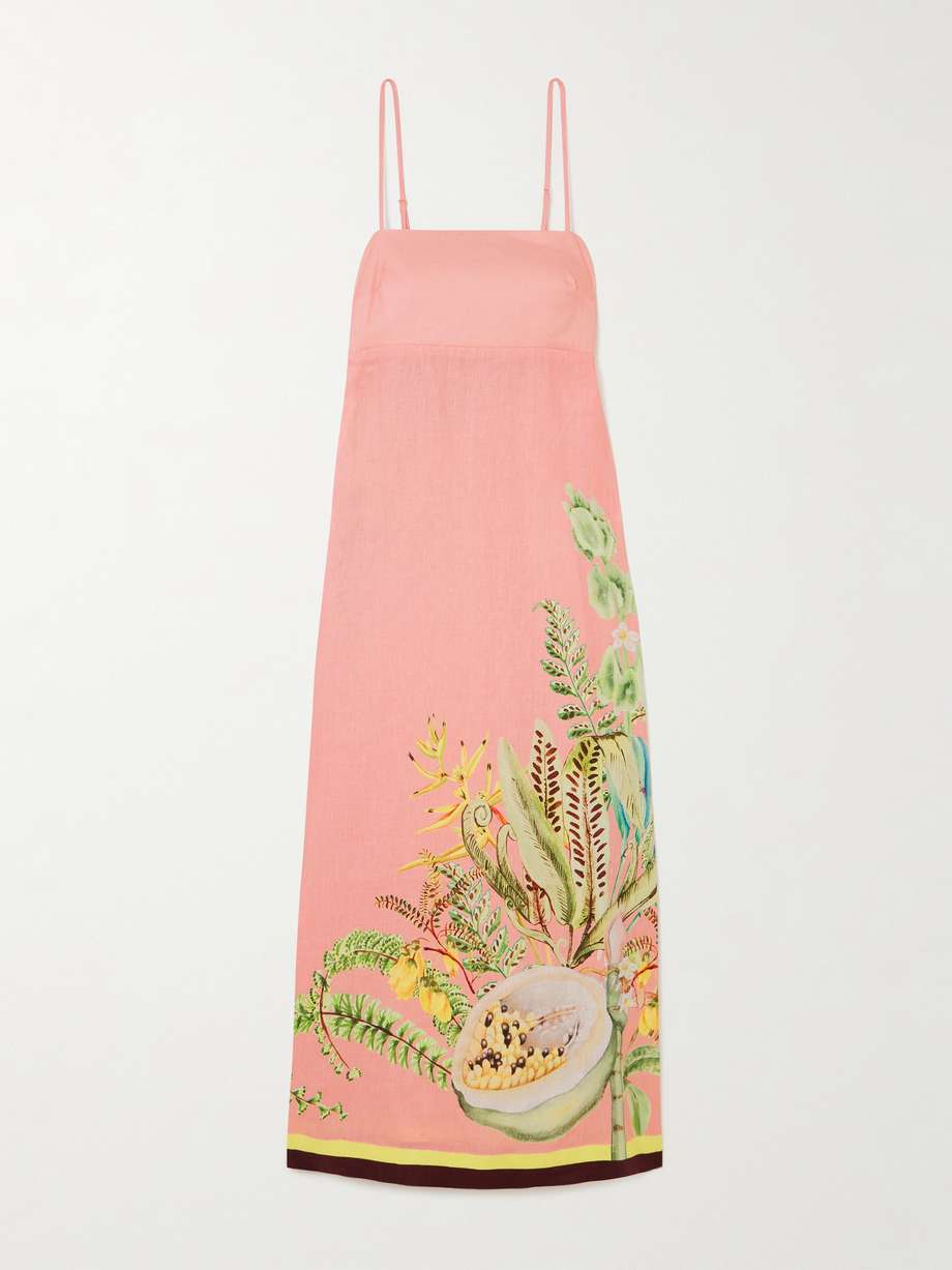 papaya smocked printed linen midi dress