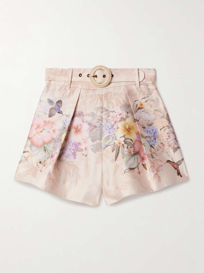 Zimmermann Illuminate Belted Pleated Floral-print Silk And Cotton-blend Shorts