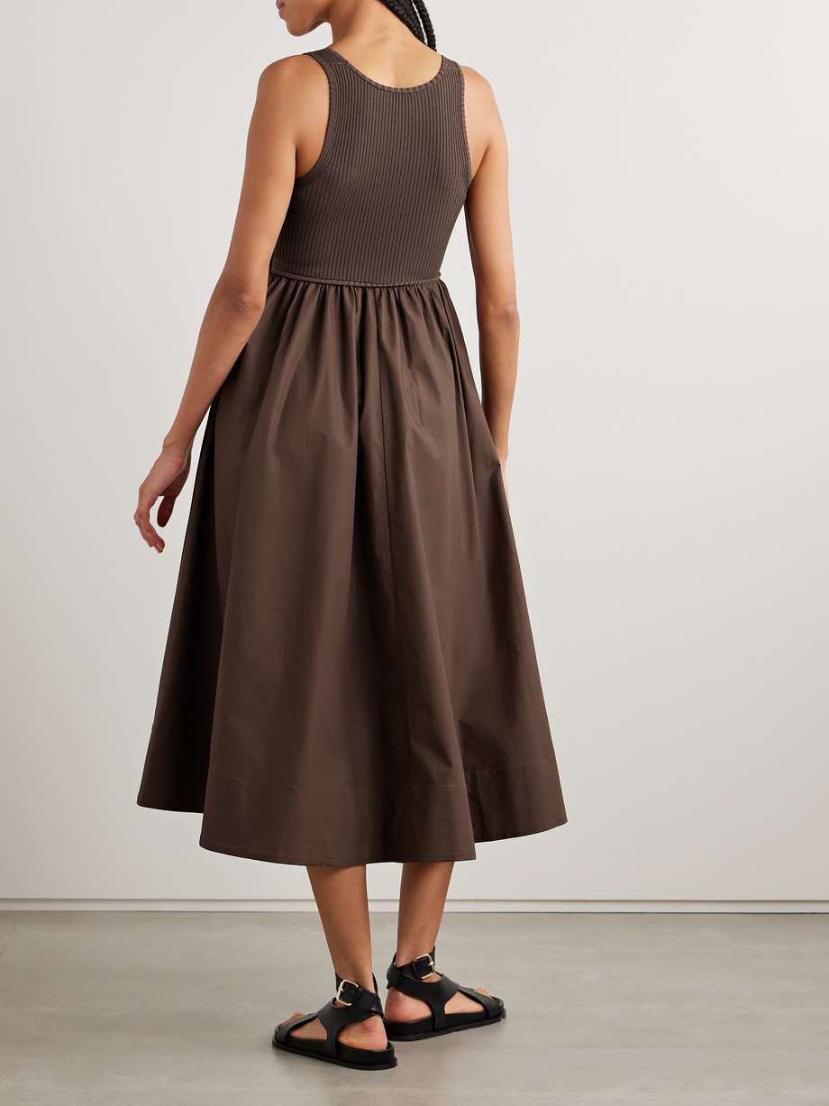 ribbed-knit and cotton-poplin midi dress