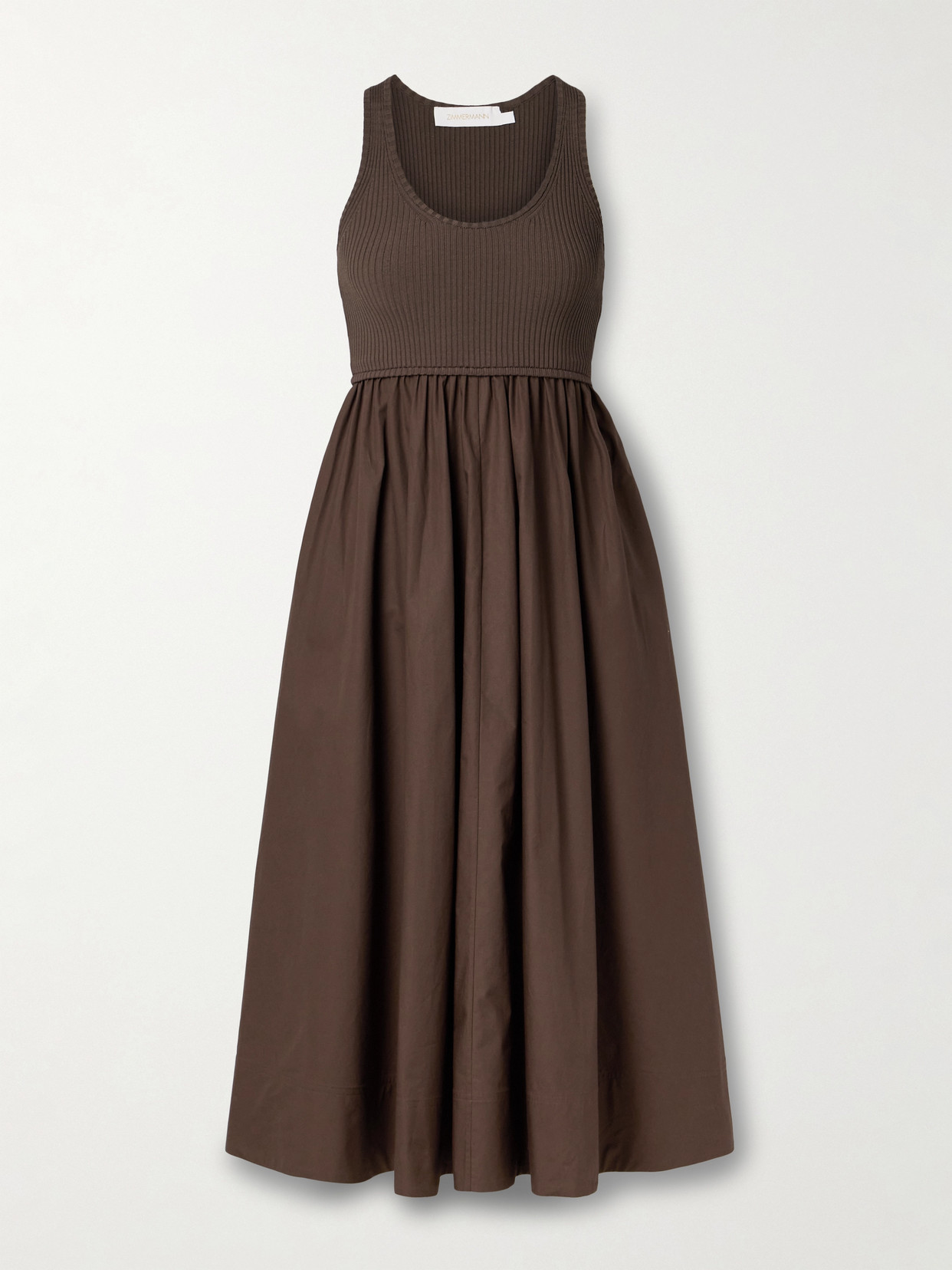 Zimmermann Ribbed-knit And Cotton-poplin Midi Dress In Brown