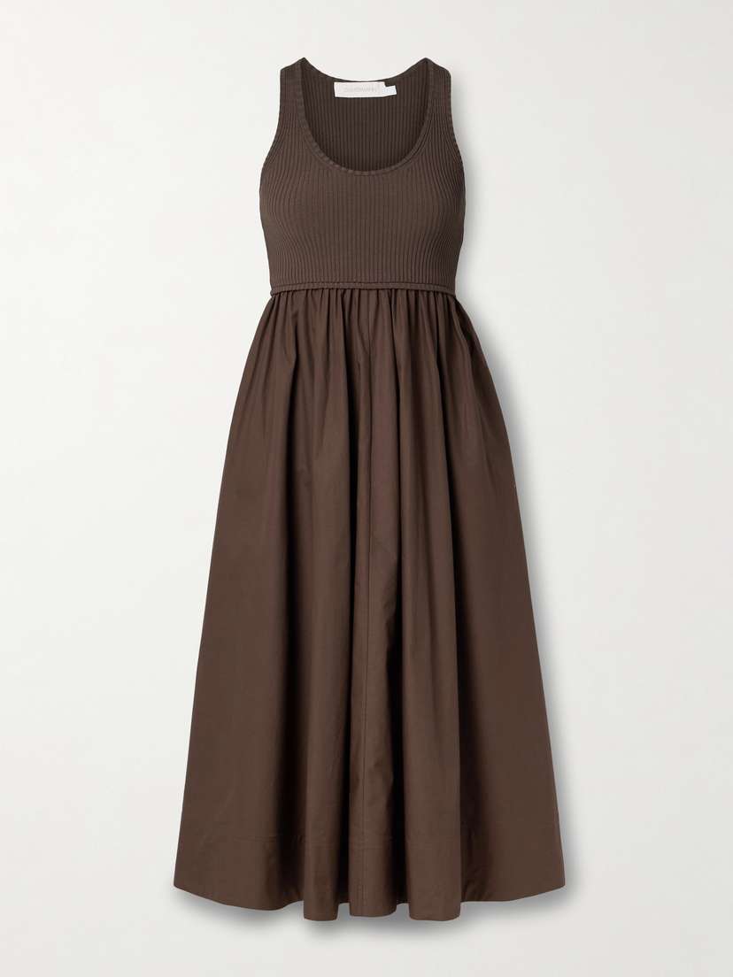 Zimmermann Ribbed-knit And Cotton-poplin Midi Dress