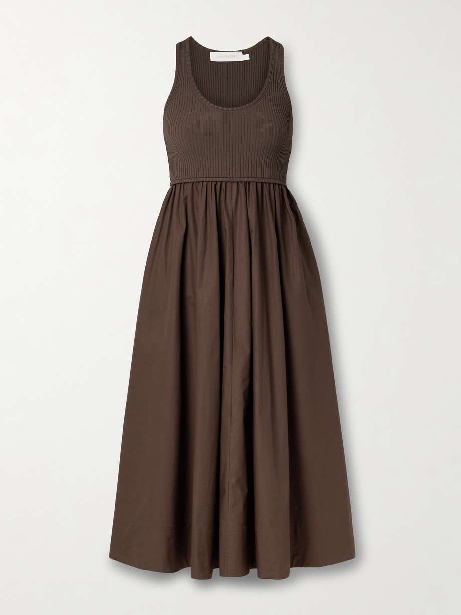 ribbed-knit and cotton-poplin midi dress