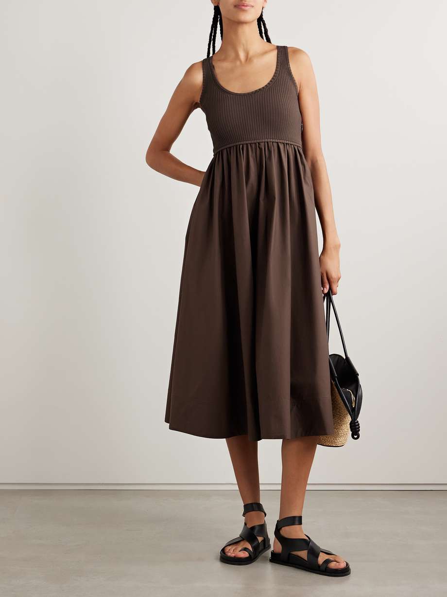 ribbed-knit and cotton-poplin midi dress