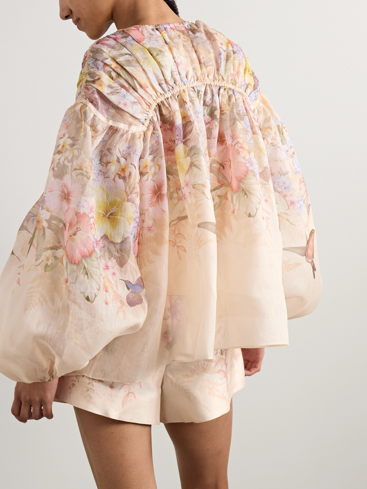 Shop Zimmermann Illuminate Pleated Floral-print Linen And Silk-blend Blouse In Pink