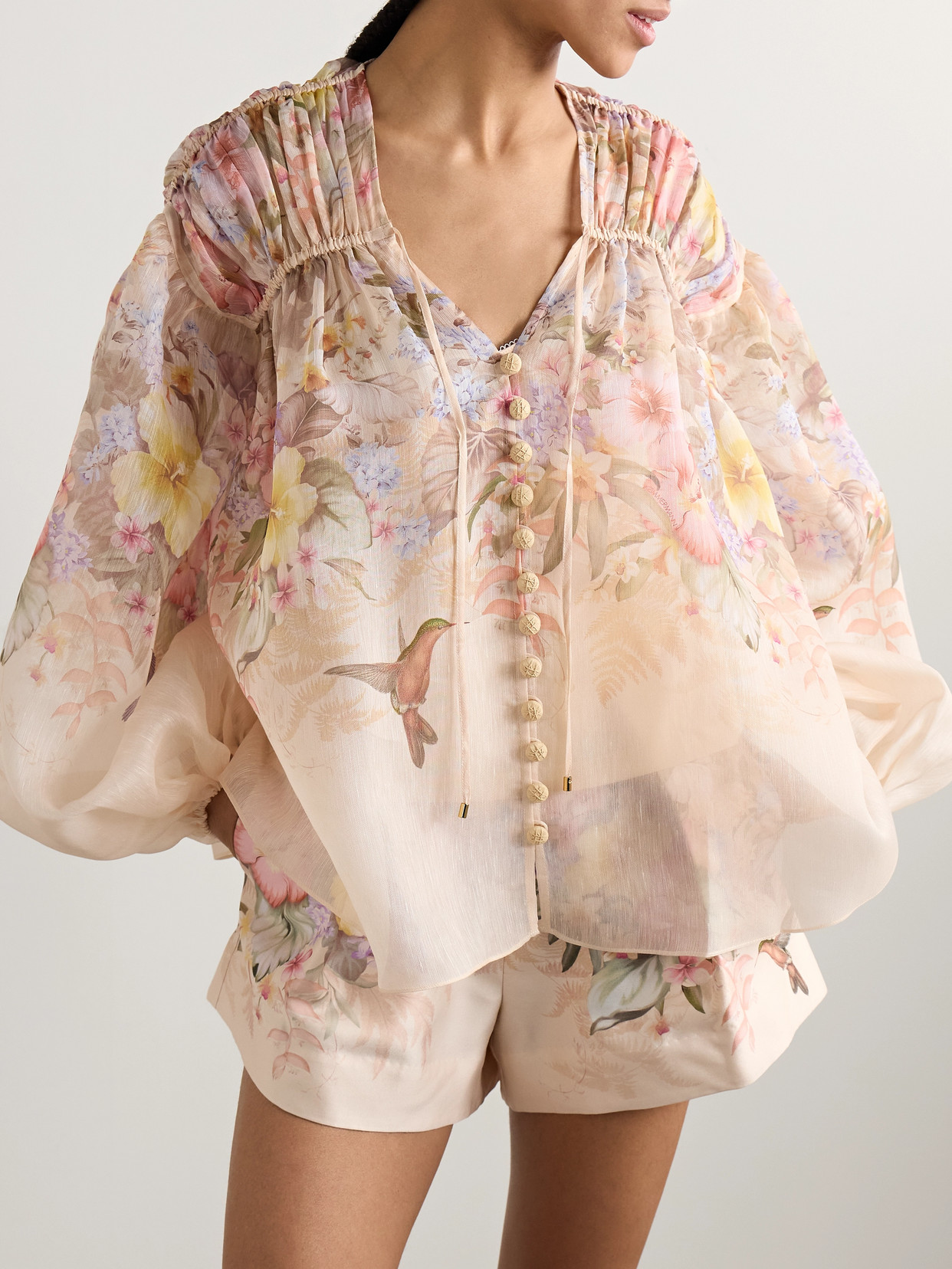 Shop Zimmermann Illuminate Pleated Floral-print Linen And Silk-blend Blouse In Pink