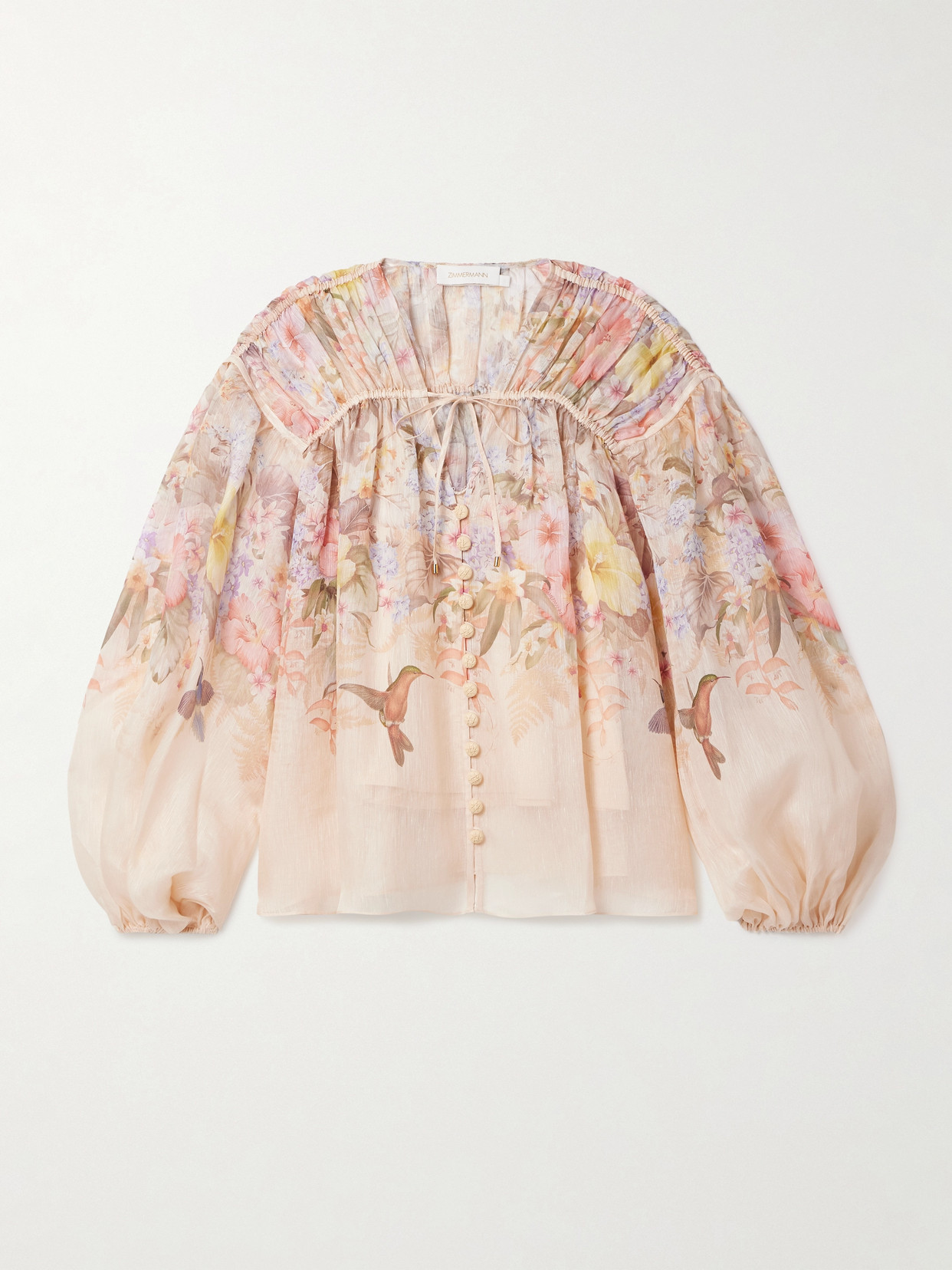 Shop Zimmermann Illuminate Pleated Floral-print Linen And Silk-blend Blouse In Pink