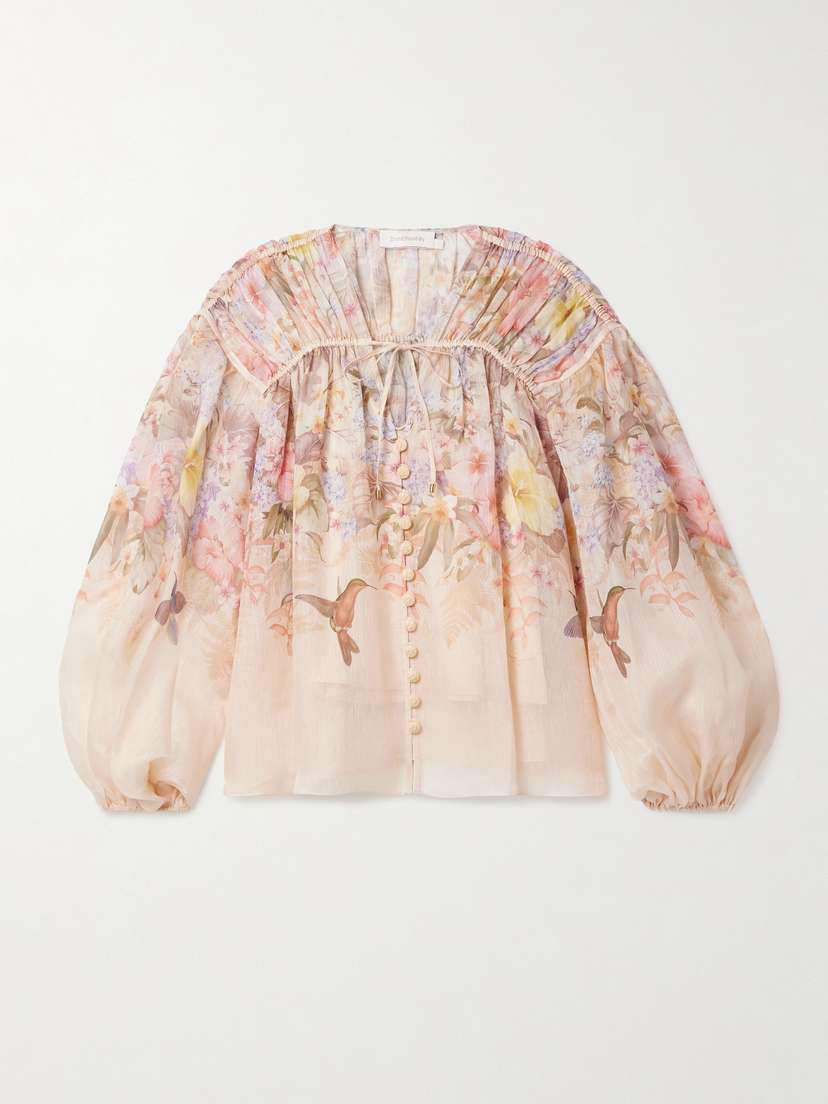 Zimmermann Illuminate Pleated Floral-print Linen And Silk-blend Blouse