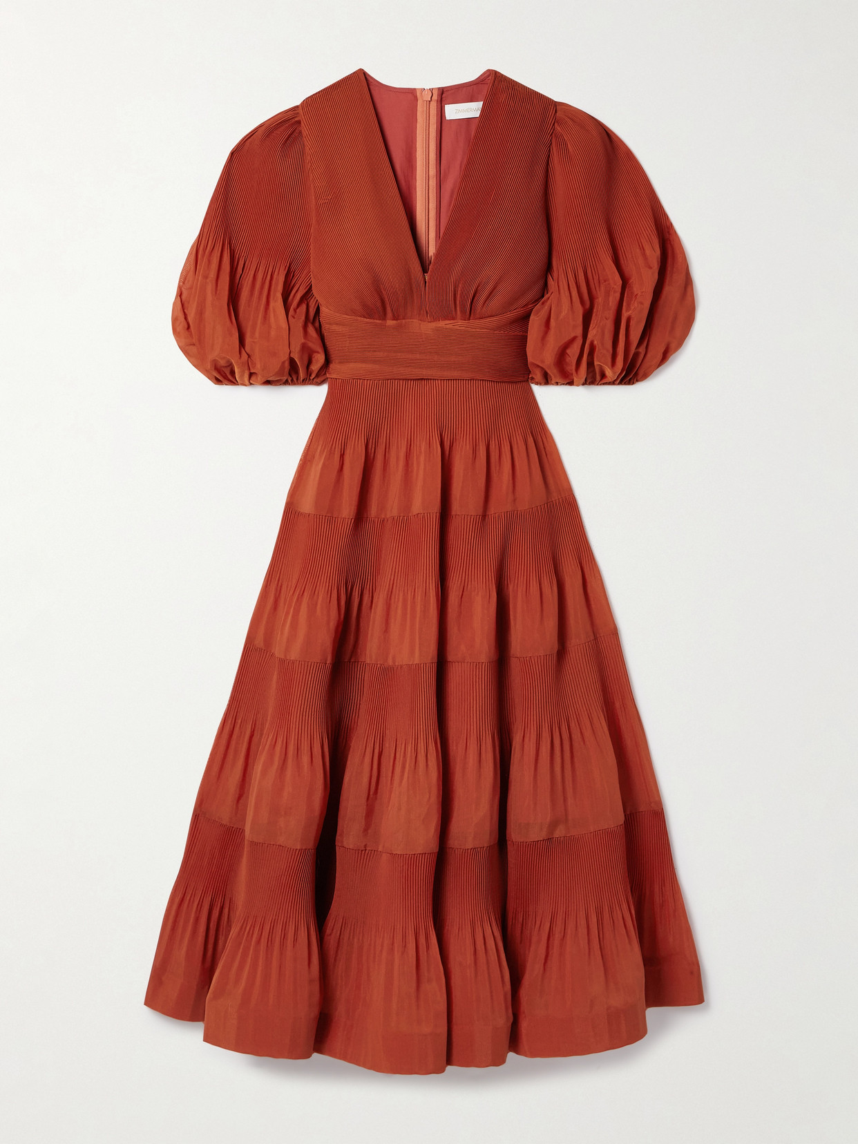 Zimmermann Tiered Plissé-taffeta Midi Dress In Red