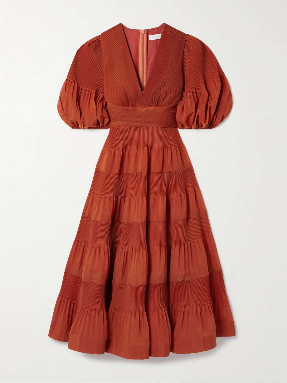 tiered plissé-taffeta midi dress