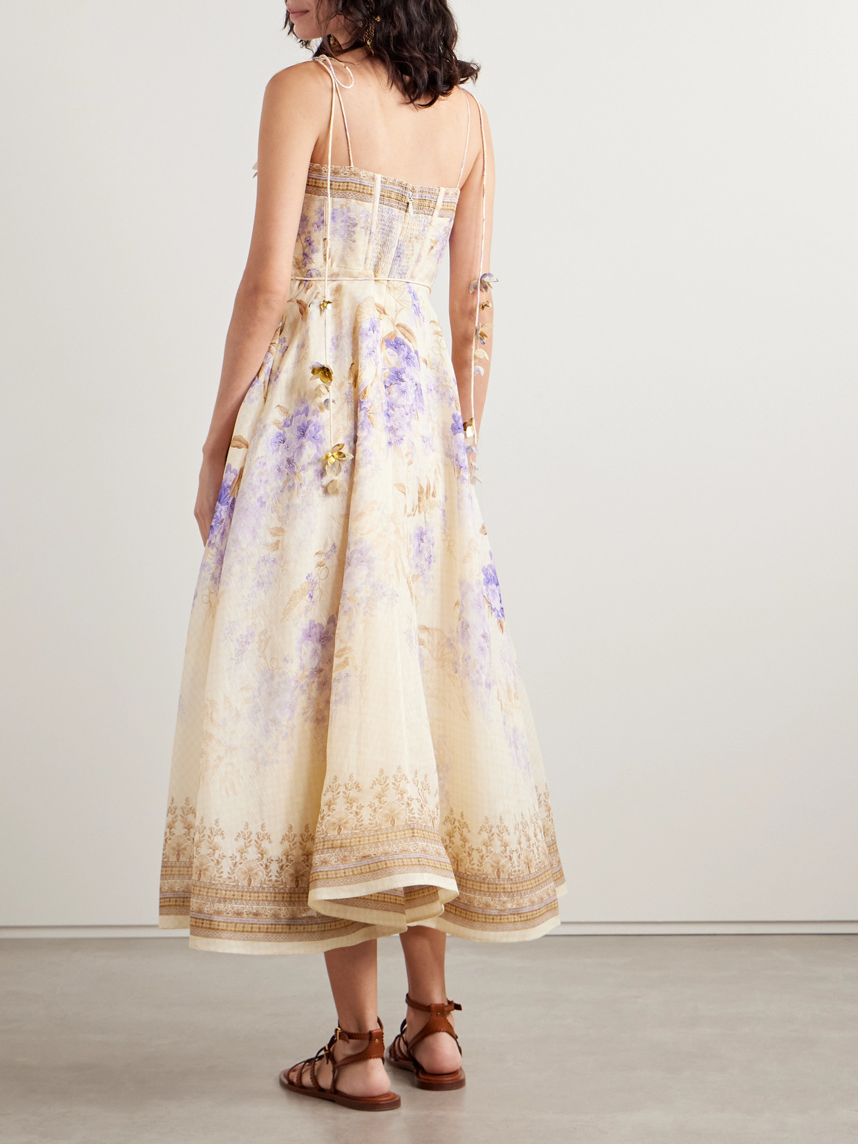 ZIMMERMANN DAWNING BELTED FLORAL-PRINT LINEN AND SILK-BLEND MIDI DRESS