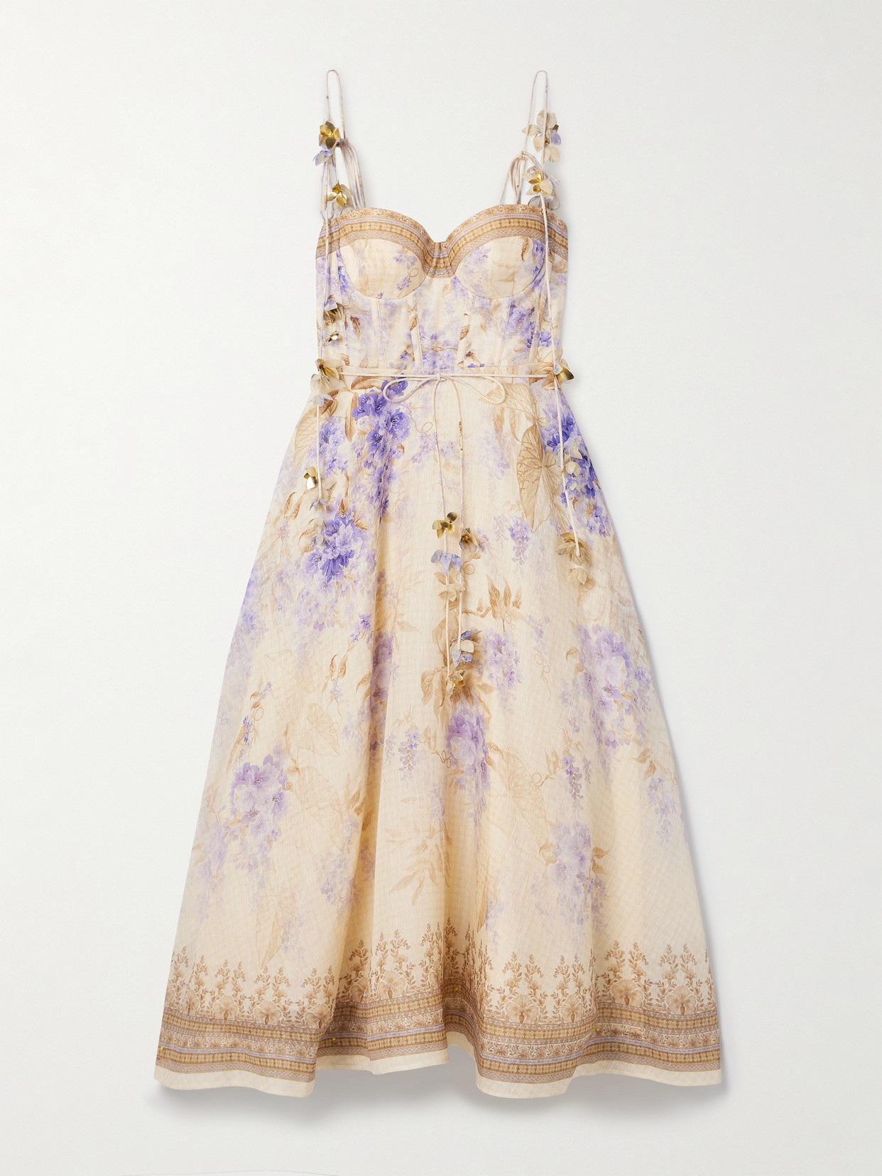 ZIMMERMANN DAWNING BELTED FLORAL-PRINT LINEN AND SILK-BLEND MIDI DRESS