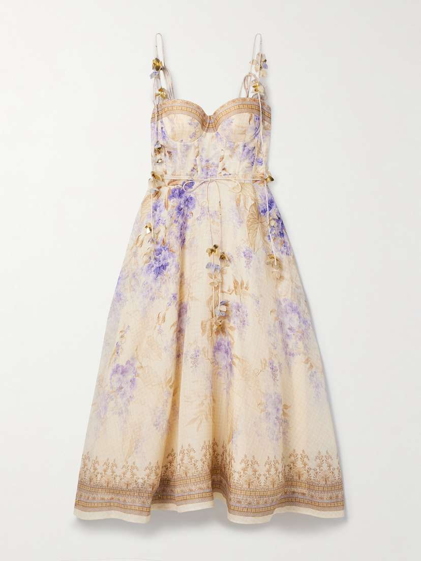 Zimmermann Dawning Belted Floral-print Linen And Silk-blend Midi Dress