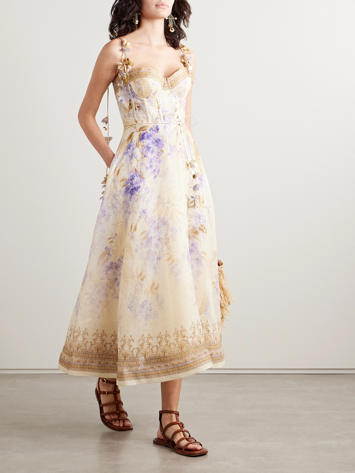 ZIMMERMANN DAWNING BELTED FLORAL-PRINT LINEN AND SILK-BLEND MIDI DRESS