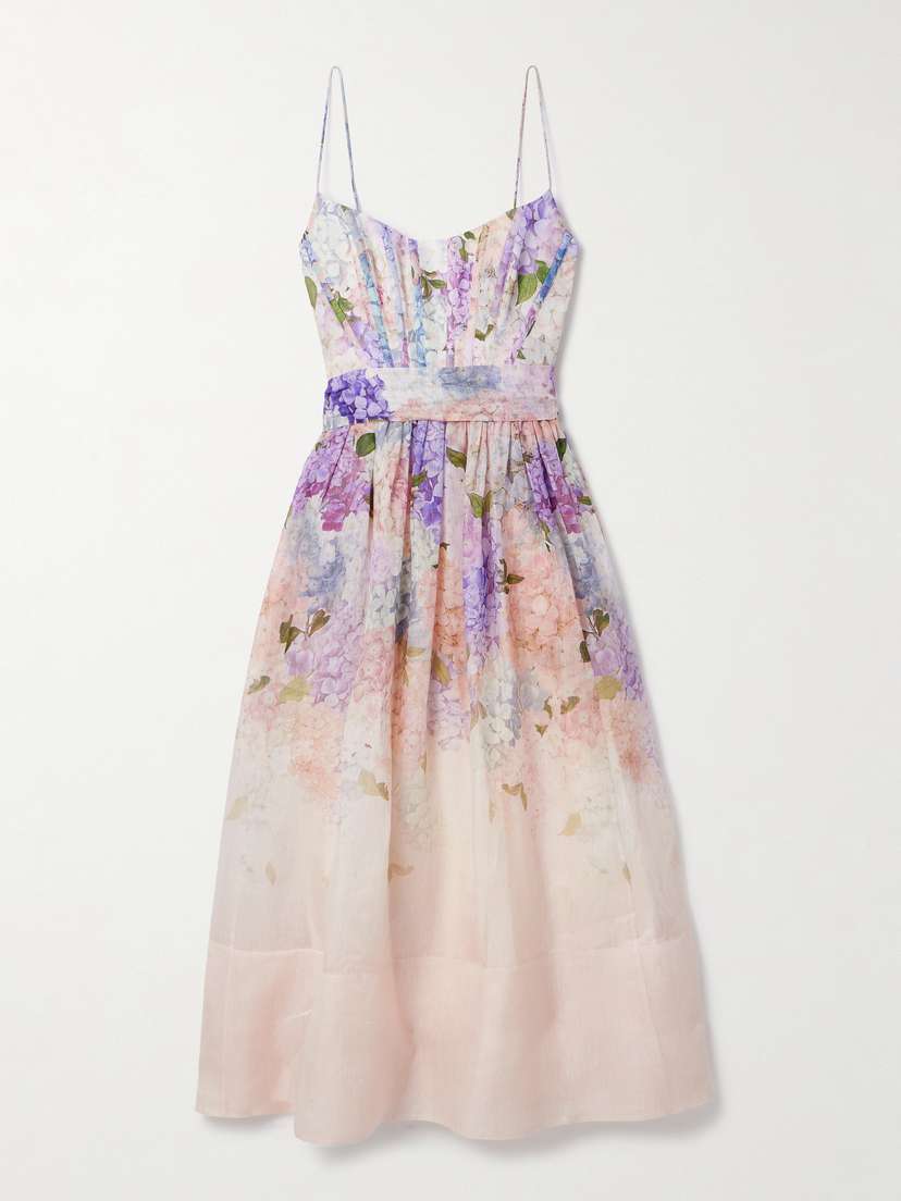 Zimmermann Dawning Belted Floral-print Linen And Silk-blend Midi Dress