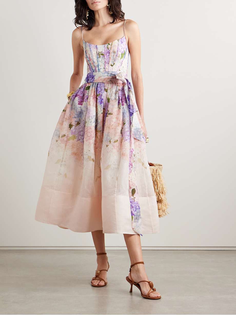 dawning belted floral-print linen and silk-blend midi dress
